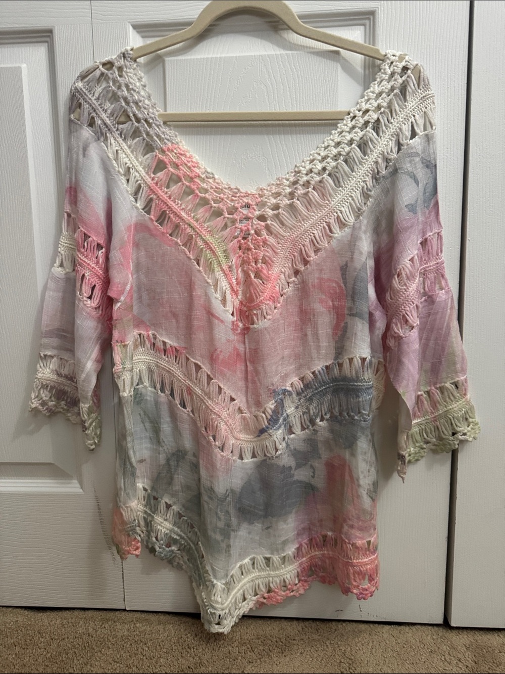 K.Jordan Boho Pastel Crochet-Trim V-Neck Tunic Top Multicolor Women Size Small